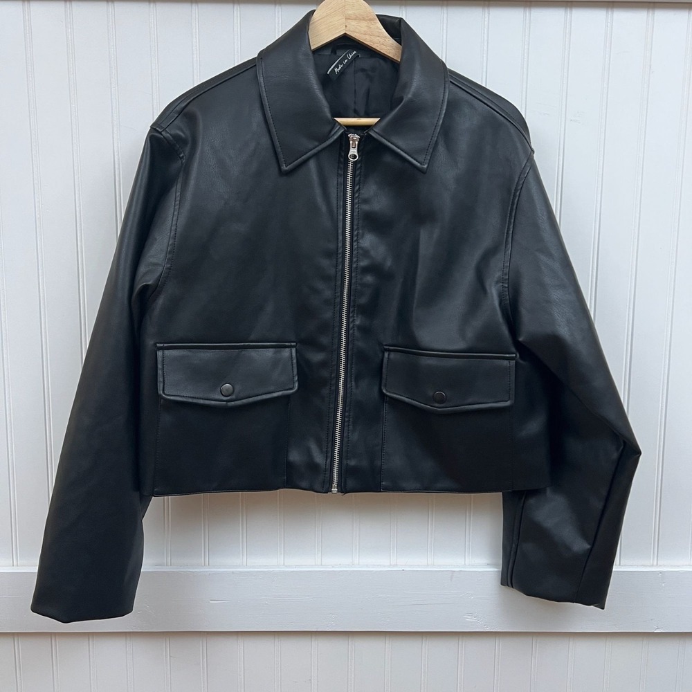 AsYou Black Faux Leather Jacket Biker Punk Grunge Emo Cropped Boxy Full Zip 4